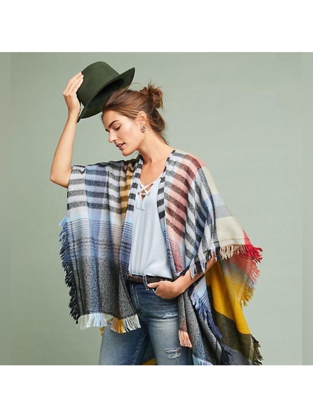 Anthropologie Ruana Rainbow Plaid Fringe Trim Wrap One Size